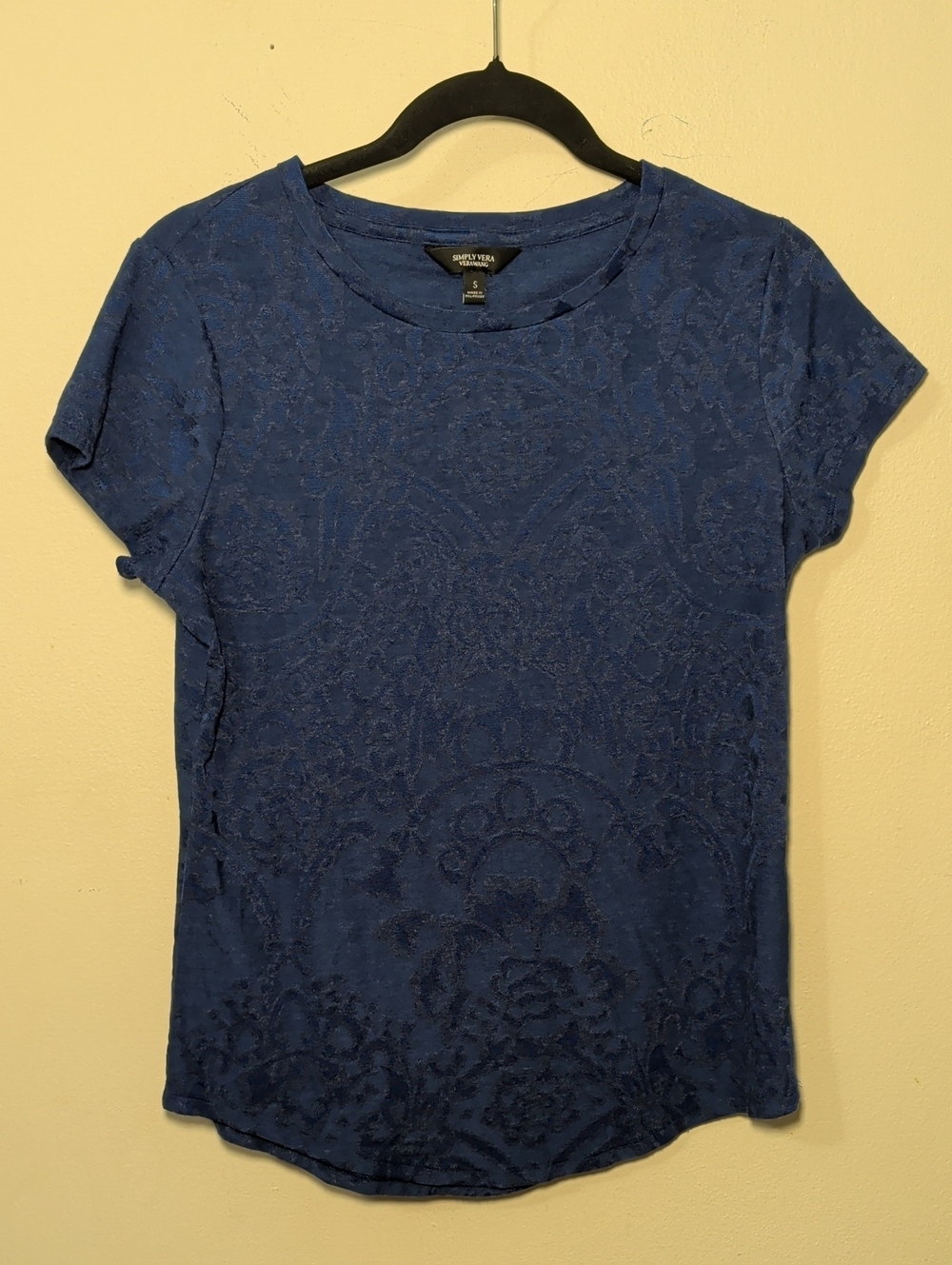 Simply Vera Vera Wang Jacquard Knit Top Navy Blue Floral Medallion Women Size S